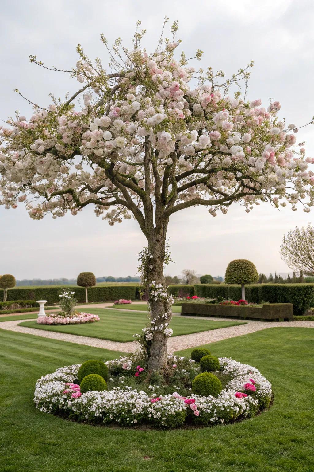 Symmetrically planted flowers offer a balanced beauty to this tree's base.