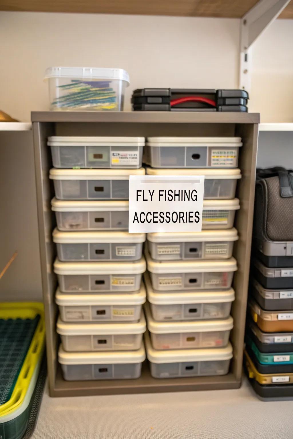 Marked boxes for organized accessory storage.