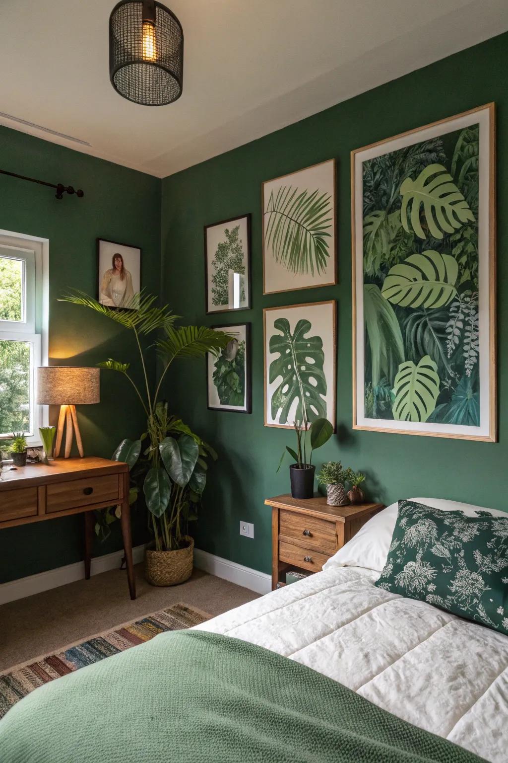 Nature-themed artwork enriches the natural vibe of a green bedroom.