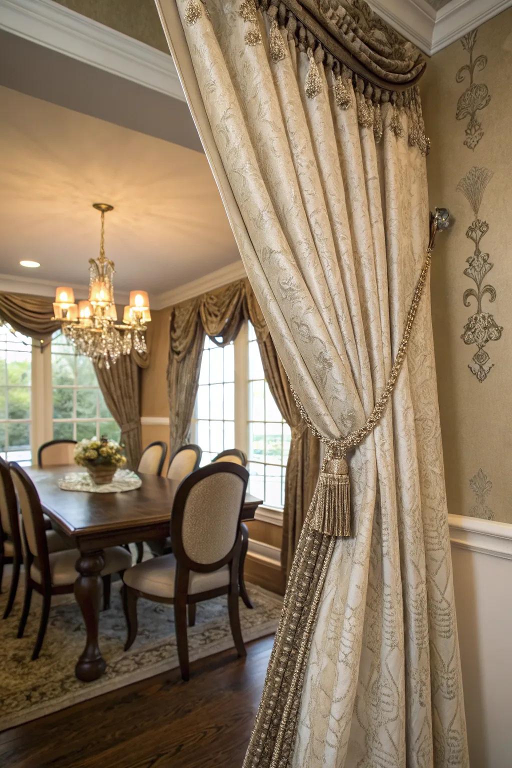 Pretty drape equipment includes style to this dining room.