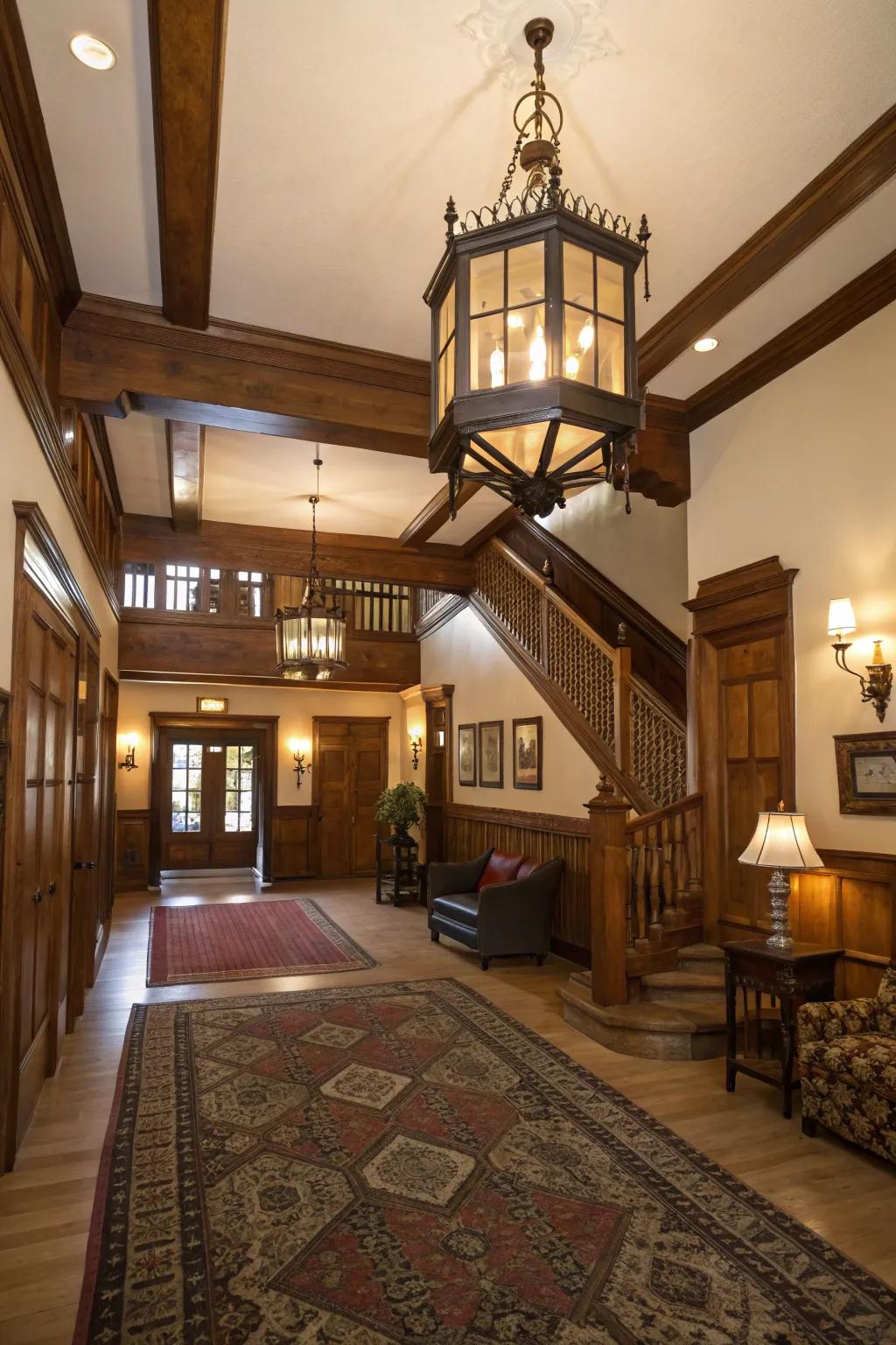 A cage lantern chandelier infuses enduring sophistication into this inviting entrance.