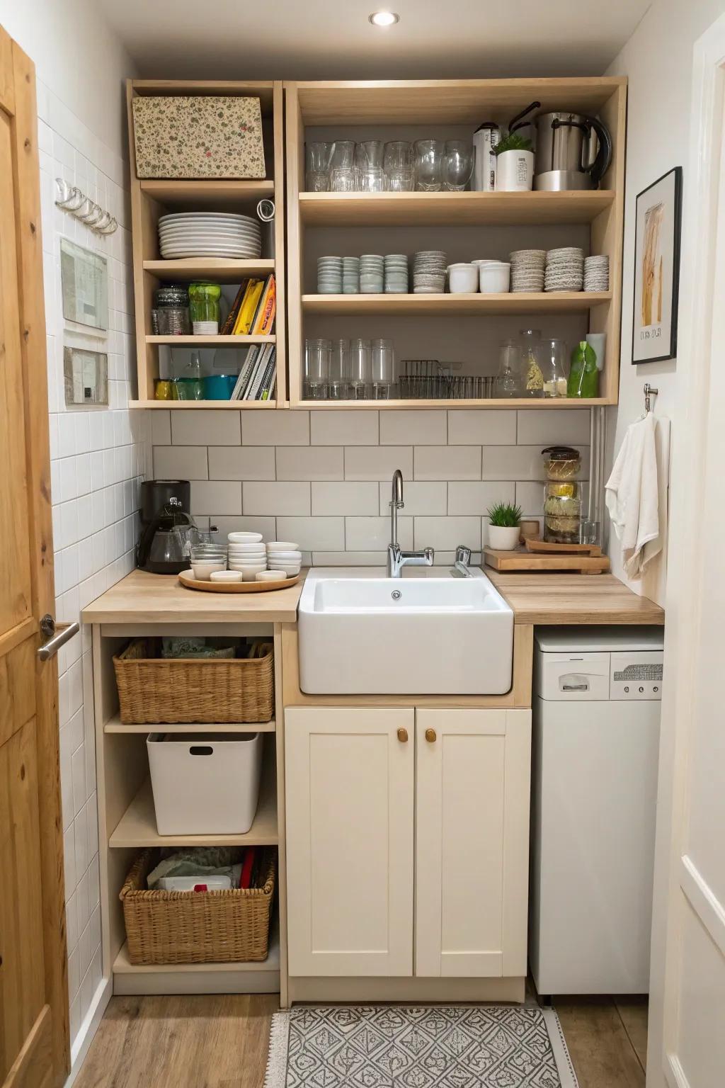 A small kitchen arrangement featuring a space-saving stand-alone sink.