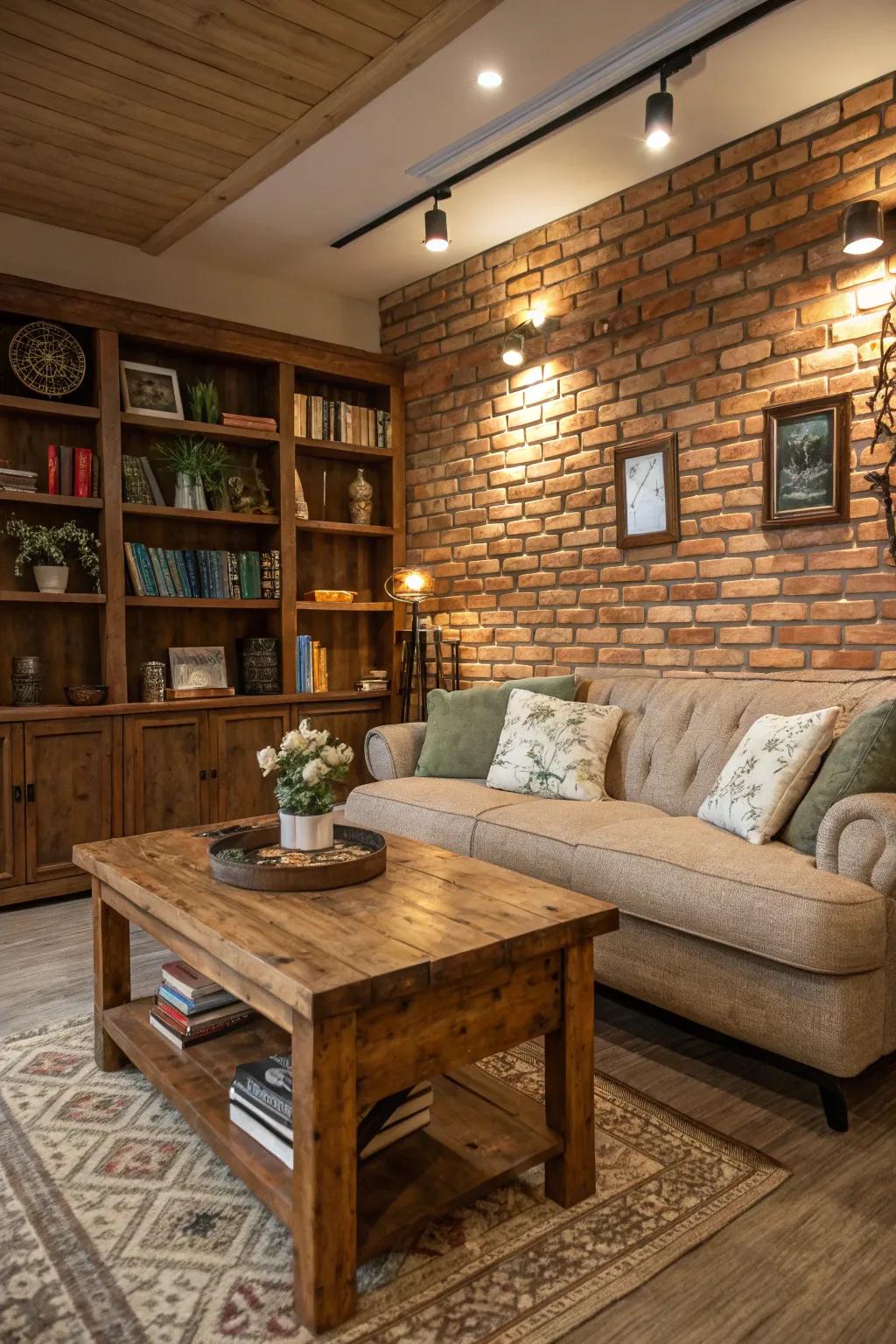 An inviting room displaying a simulated brick feature wall.