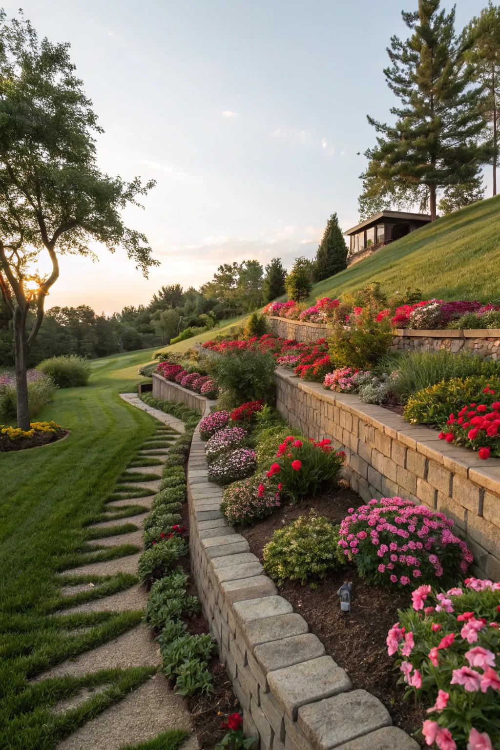 A sloped garden directing water into a French drain, complemented by terraced beds.