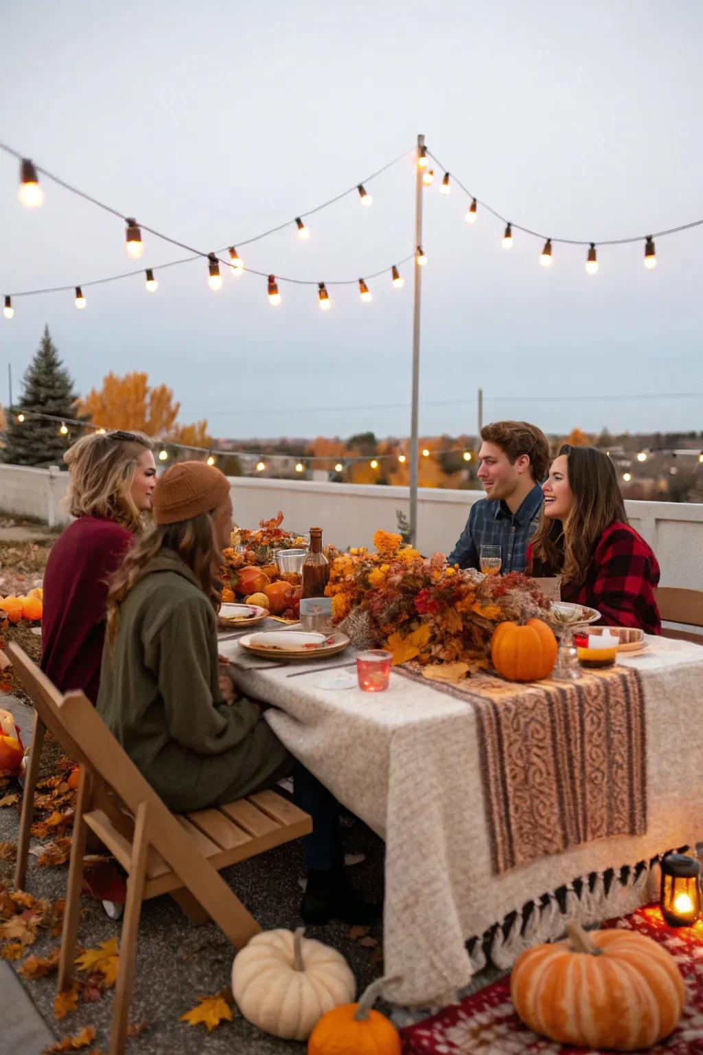 An enchanting outdoor Friendsgiving scene under gleaming lights.