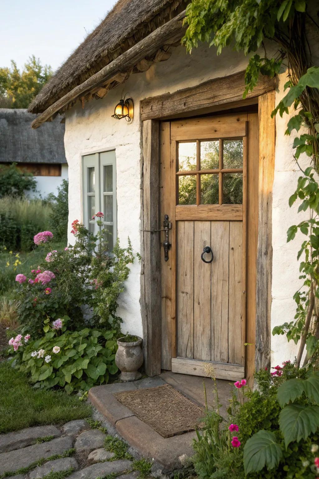 Rustic charm with a wooden door and sidelight frame.