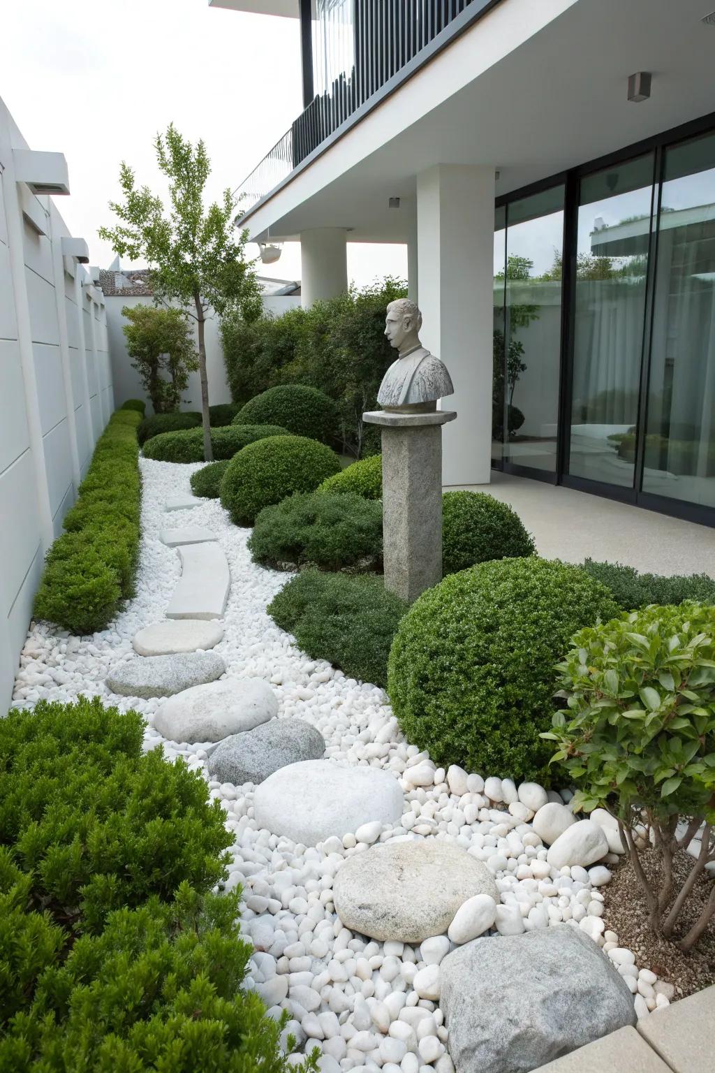 A sculpture placed among ivory stones will create an eye-catching focal point.