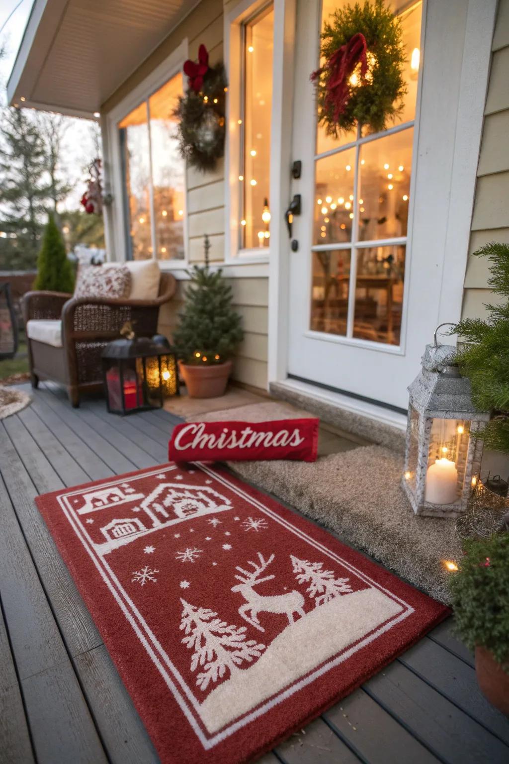 A seasonal entrance mat greets visitors through festive delight.
