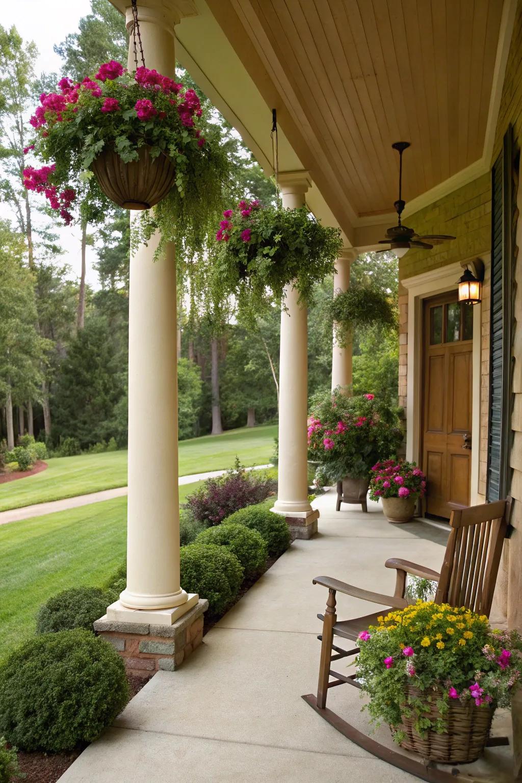 Hanging baskets on supports enriches your porch with vibrant greenery.
