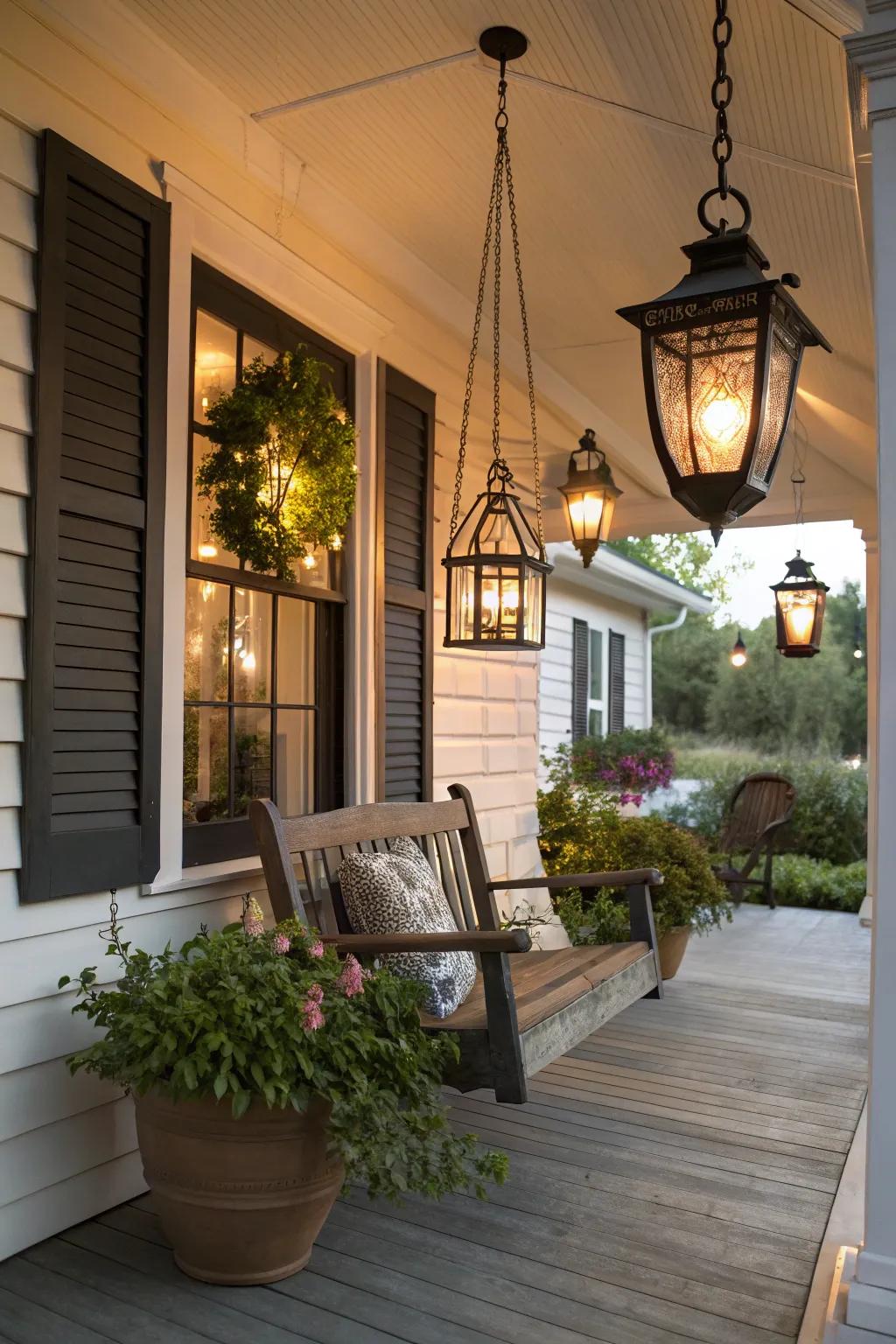 Lantern-style lighting giving off a cozy glow on a front porch.