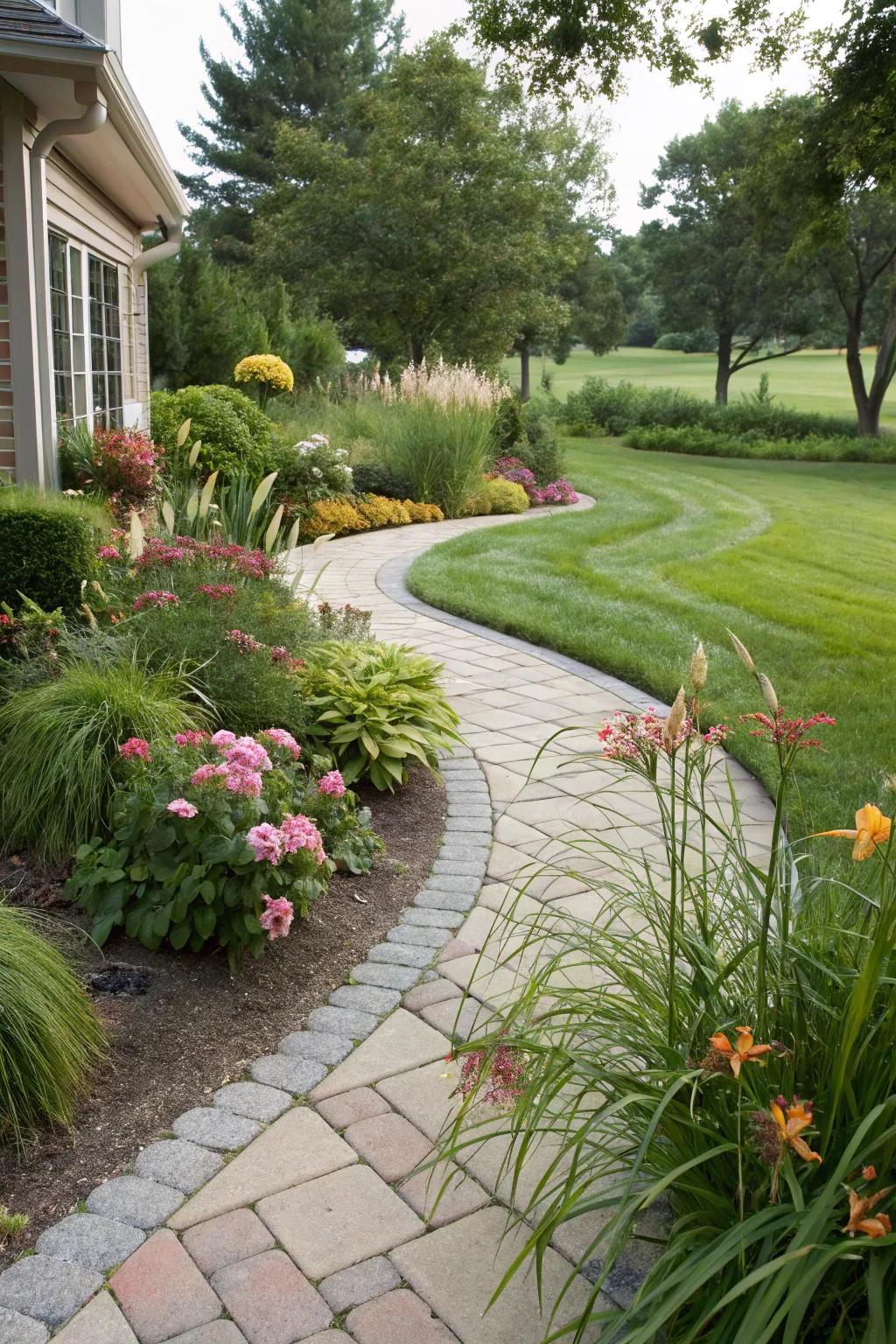A delightful curved pathway meandering through a corner garden.