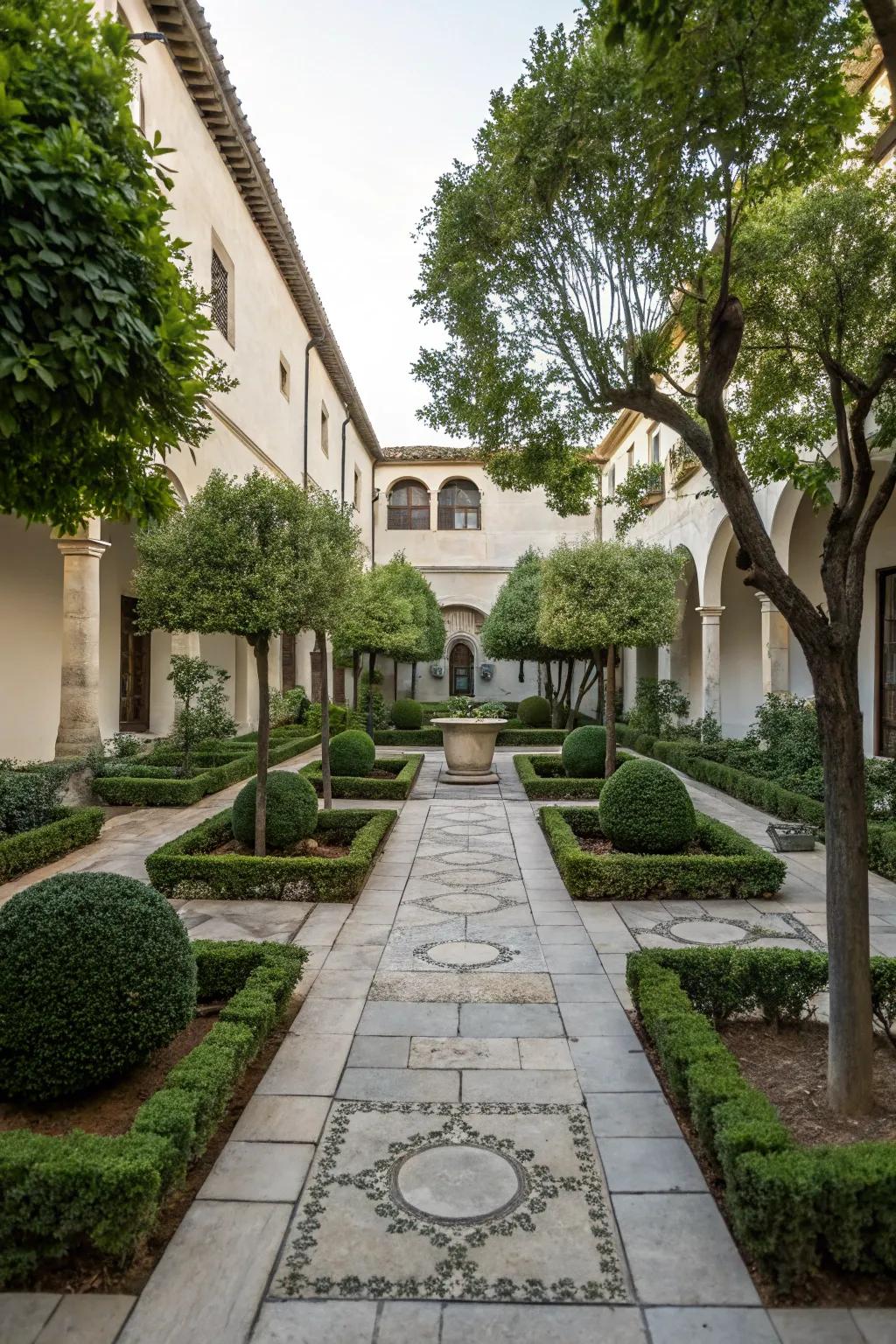 Symmetrical elements create a harmonious courtyard design.