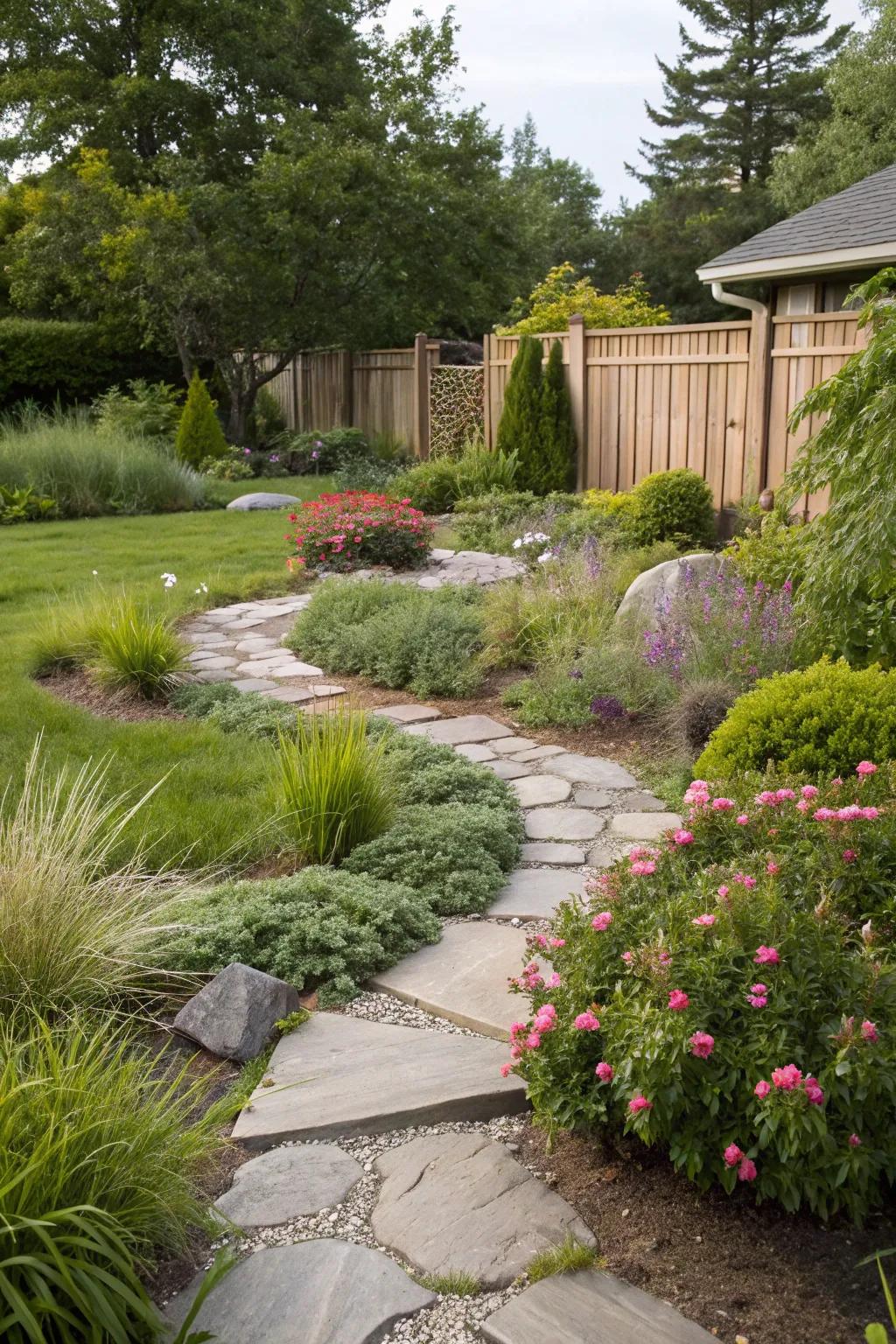 Stone pathways direct the observer's gaze and footsteps through the landscape.