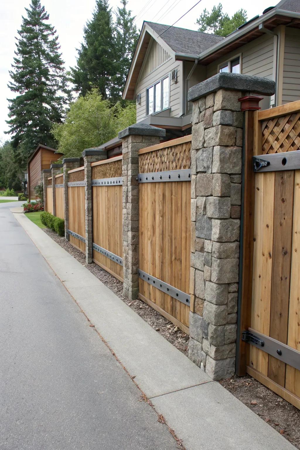 A distinctive fence design that incorporates wood, stone, and metal components adds a layer of sophistication.