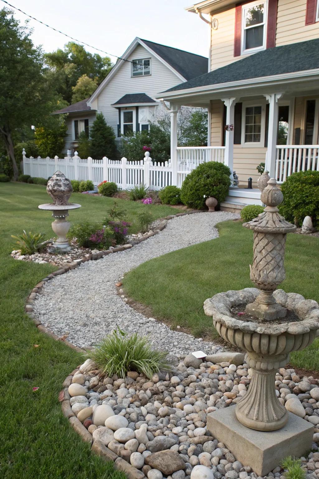 Decorative sculptures and ornamental stones impart an artistic essence.