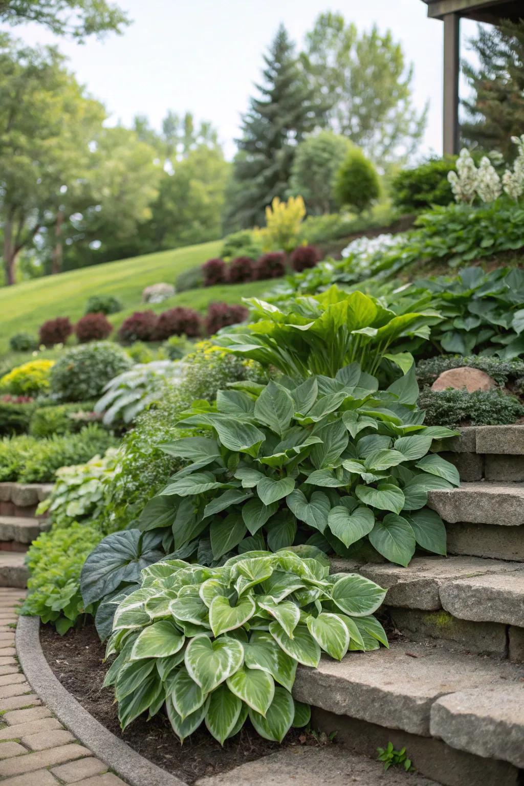 Staggered planting using hostas adds visual depth and captivates the eye.