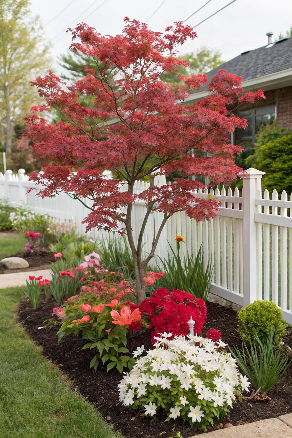 The Japanese maple tree is framed by seasonal flowers, which offer year-round appeal.