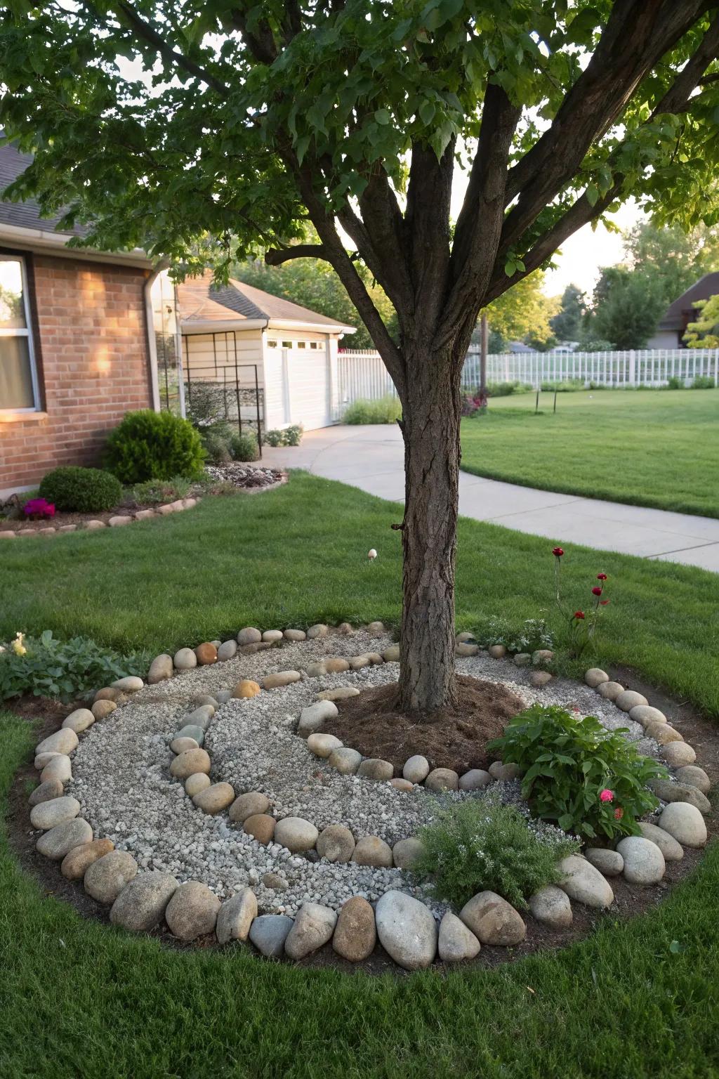 The placement of decorative stones introduces texture and captures attention around the tree’s base.