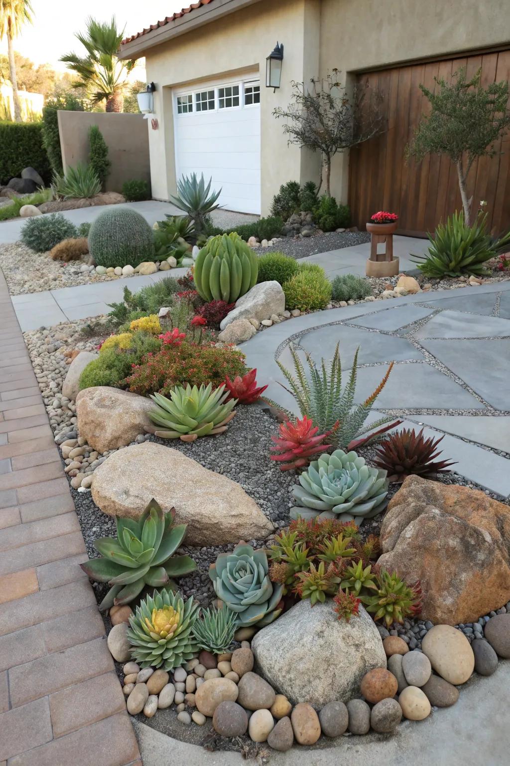 Fleshy plants effortlessly breathe life into a stone garden.