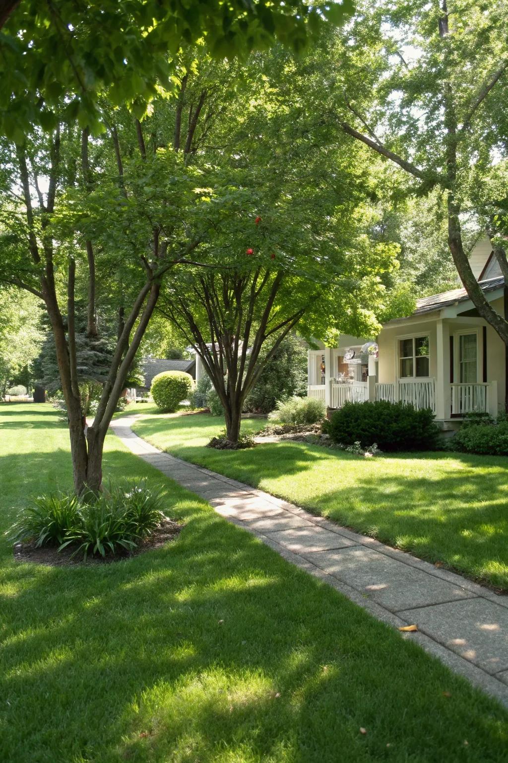 Small trees give height and a snug ambiance to the front yard.
