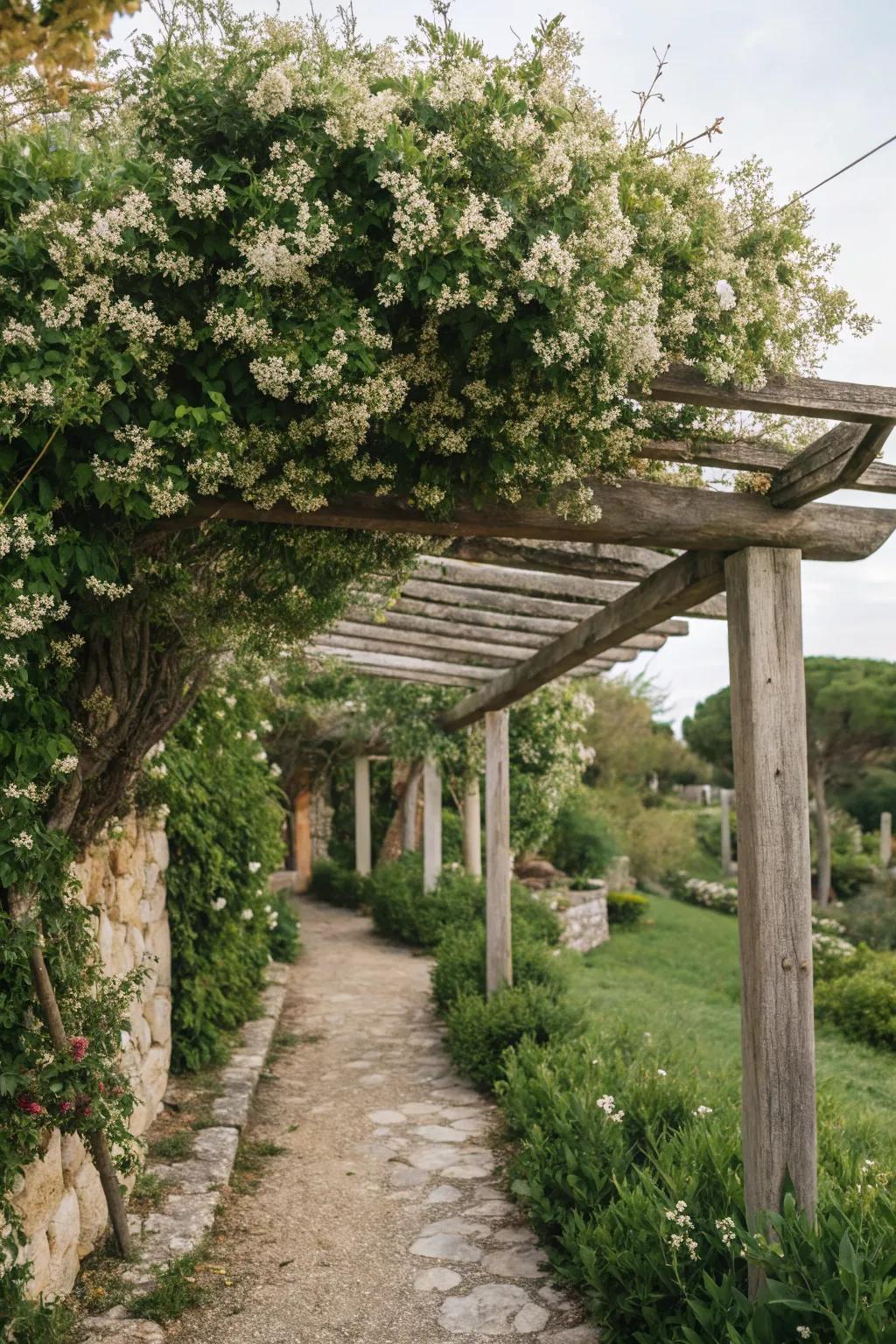 Climbing jasmine establishes a fragrant, verdant shelter above this welcoming space.