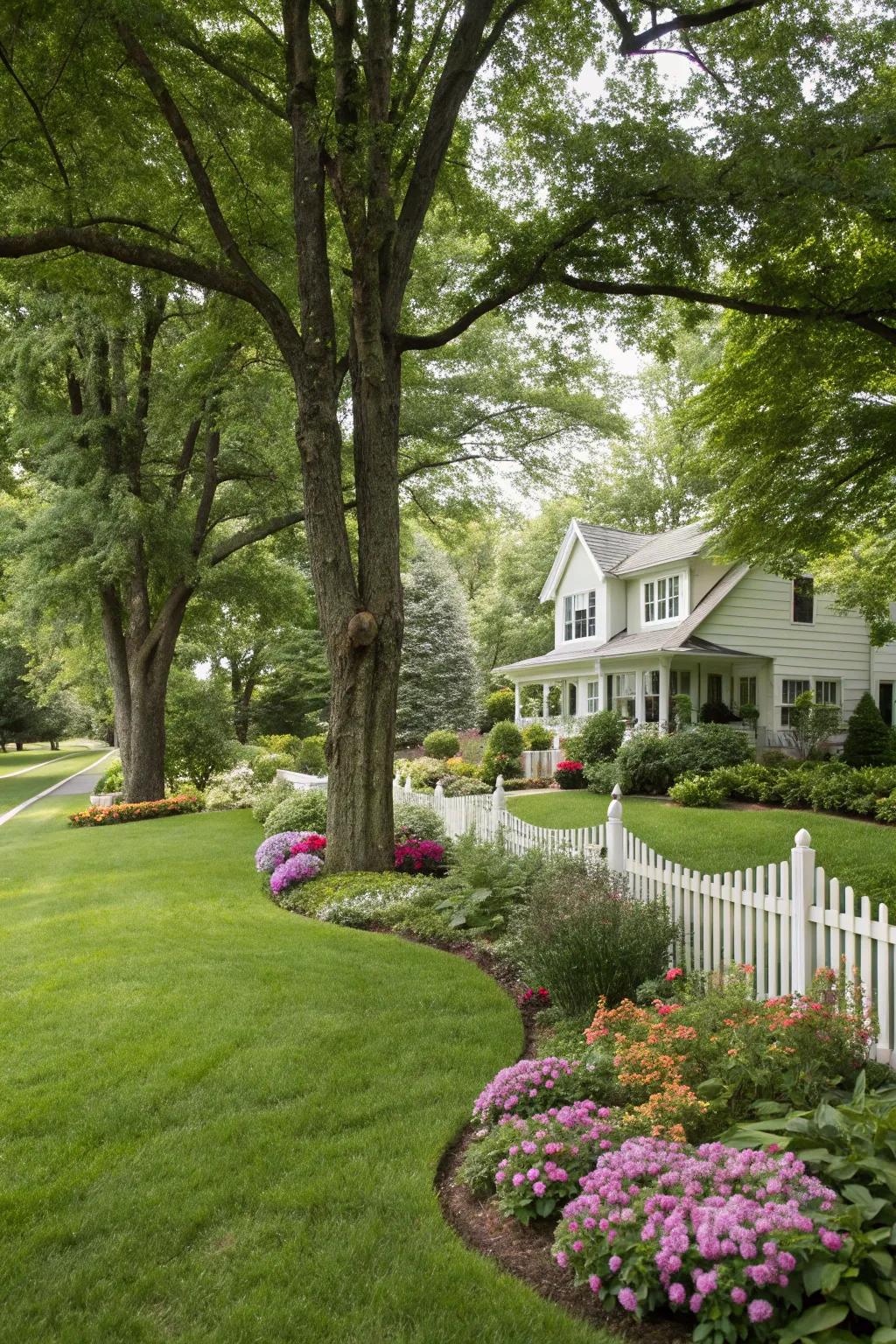 Tall trees add vertical elegance and natural privacy.