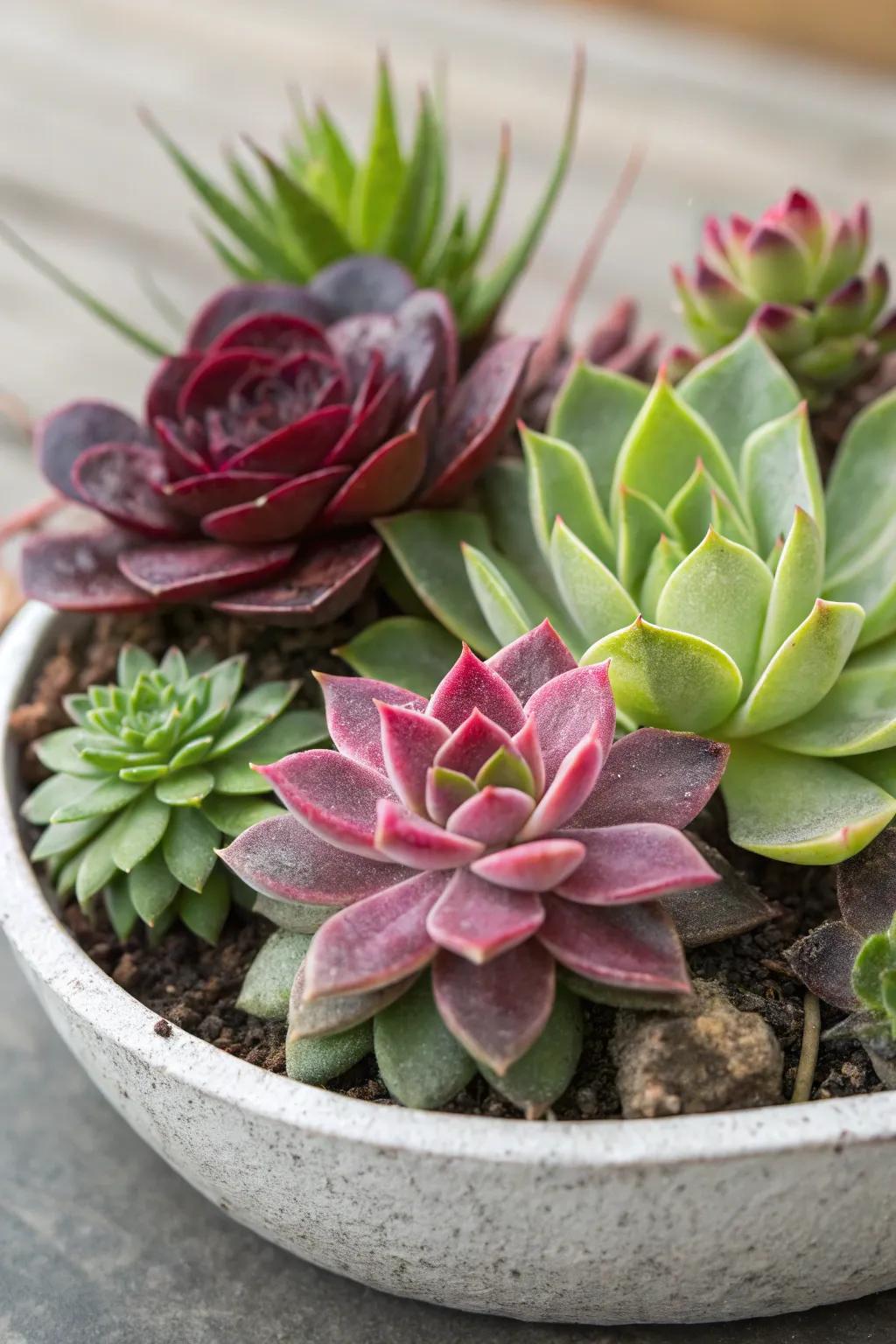 A rich mix of succulents enlivens visual appeal.