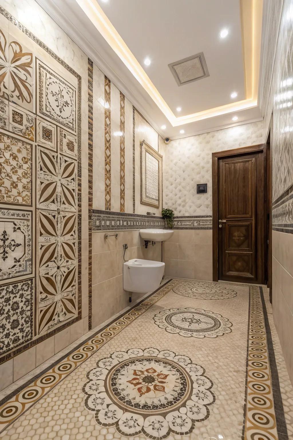 Decorative tiles add character and intrigue to this bathroom.