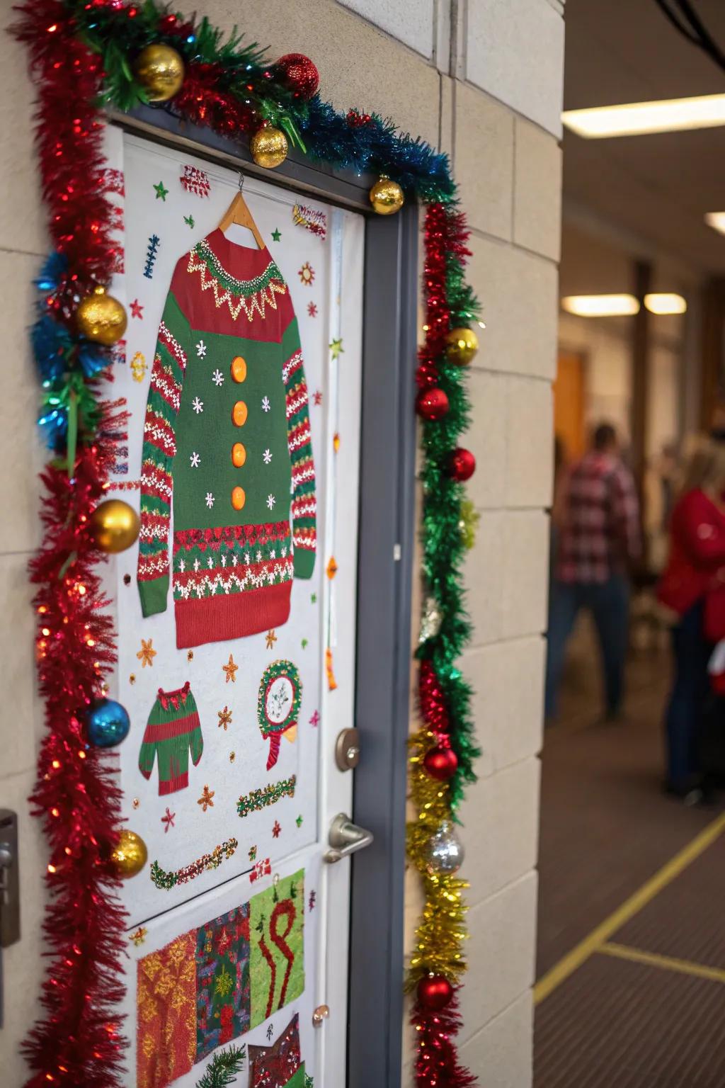 A door themed around ugly sweaters brings both humor and holiday joy to your home.