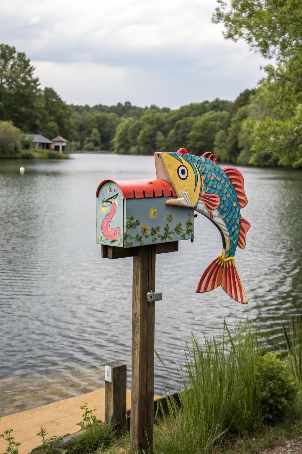 A vibrant fish-shaped letterbox perfect for waterfront properties.