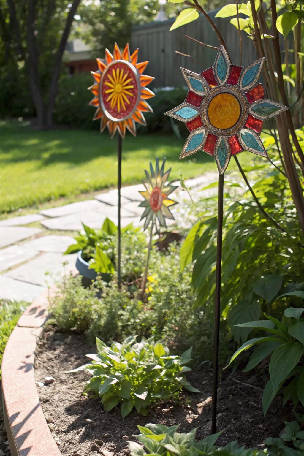 Sunburst designs illuminating a garden nook.