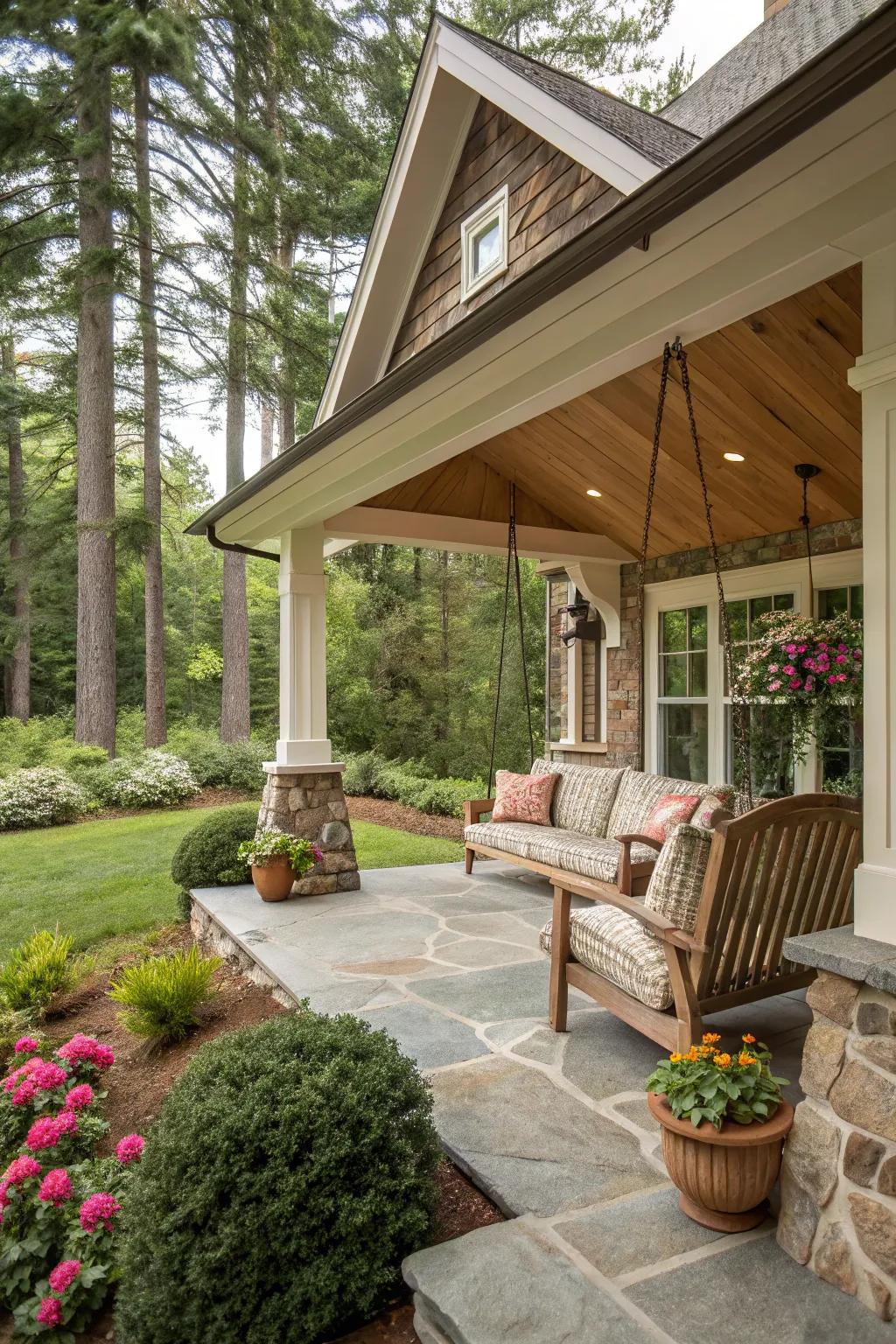 A rustic rock base elevates the porch's inherent beauty.