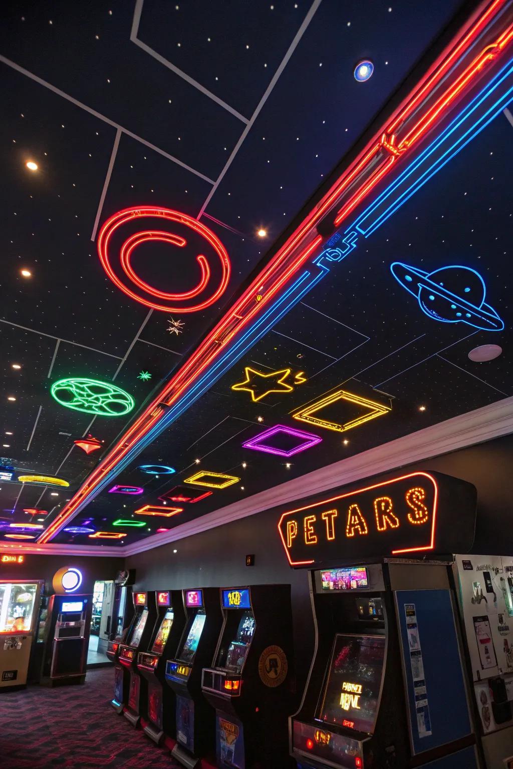 Neon highlights contribute a retro-modern style to your game room.