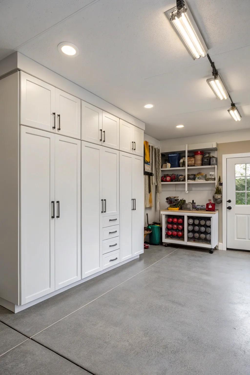 Ivory cabinets establish a tidy and spacious atmosphere.