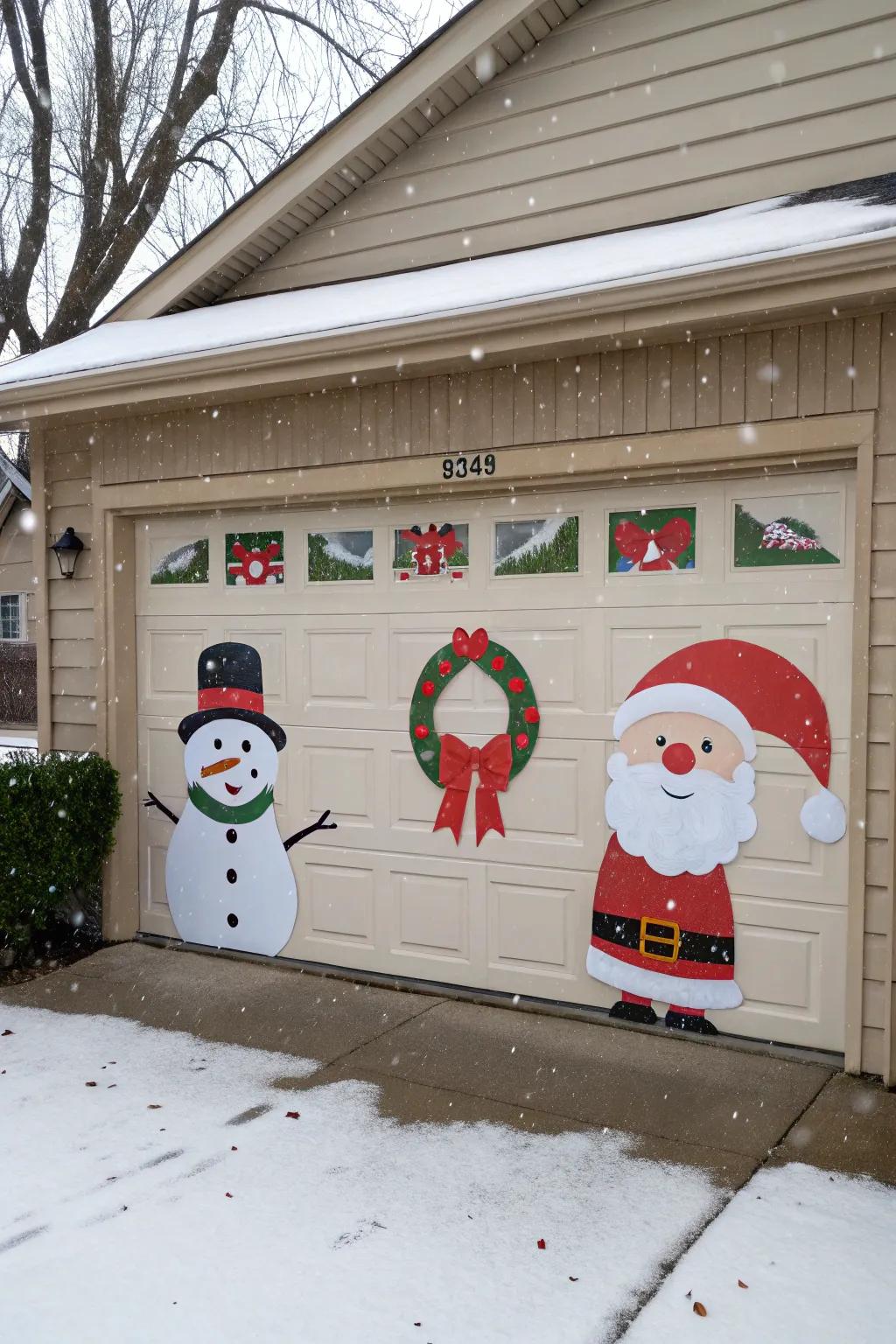Garage door featuring playful Christmas character cutouts.