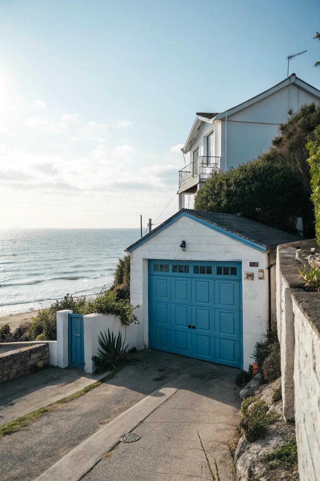 Serene cerulean garage entrances evoke a soothing and peaceful ambiance.