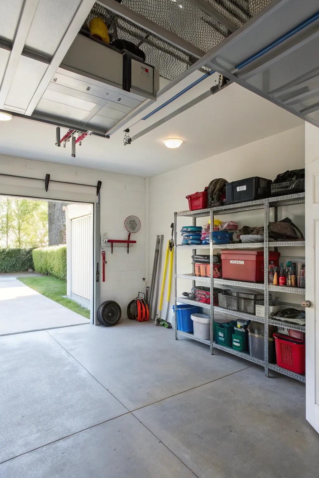 Overhead racks are a great way to use vertical space effectively in the garage.
