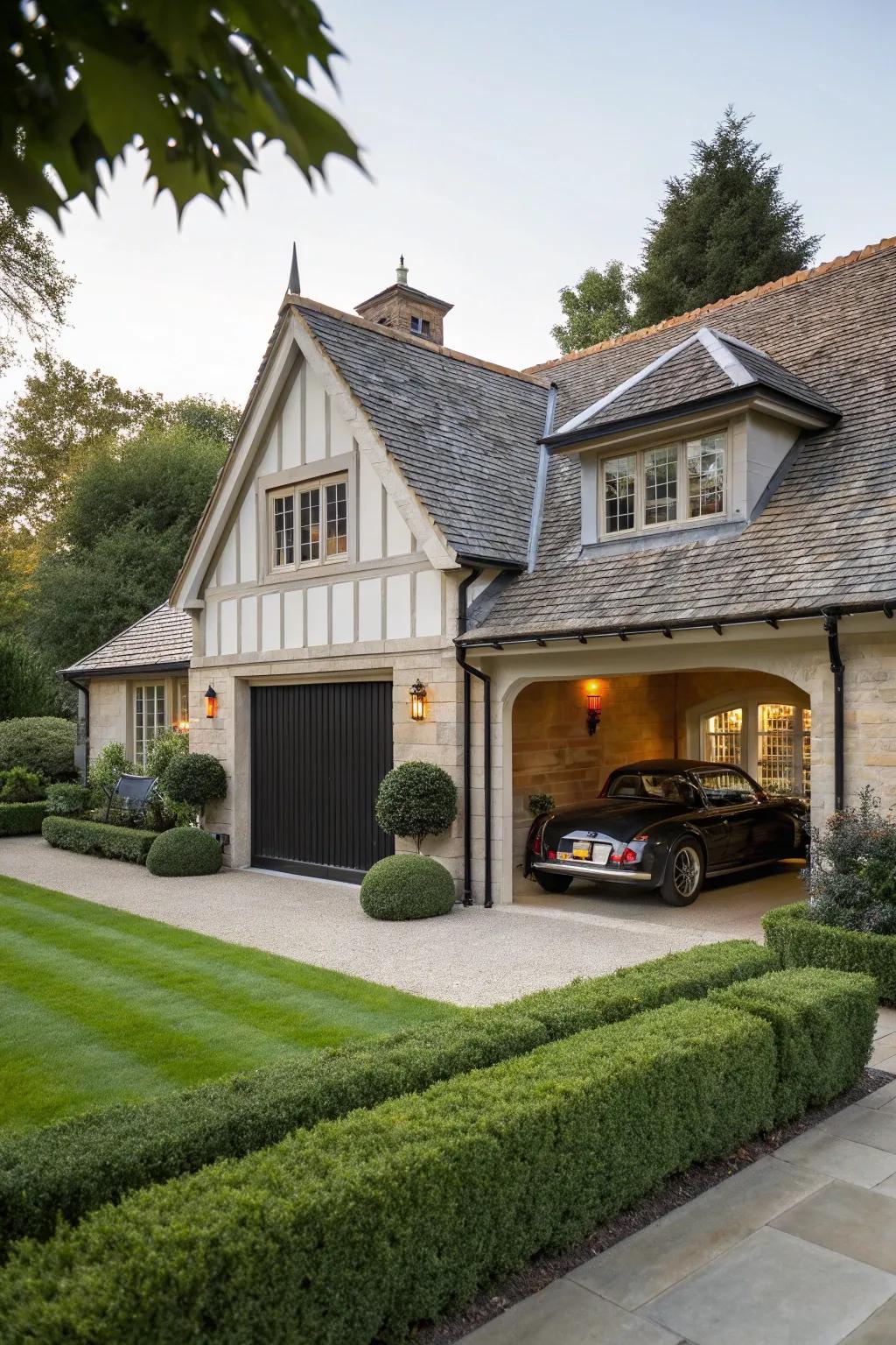 An inclined roof extension imparts enduring refinement to a garage.
