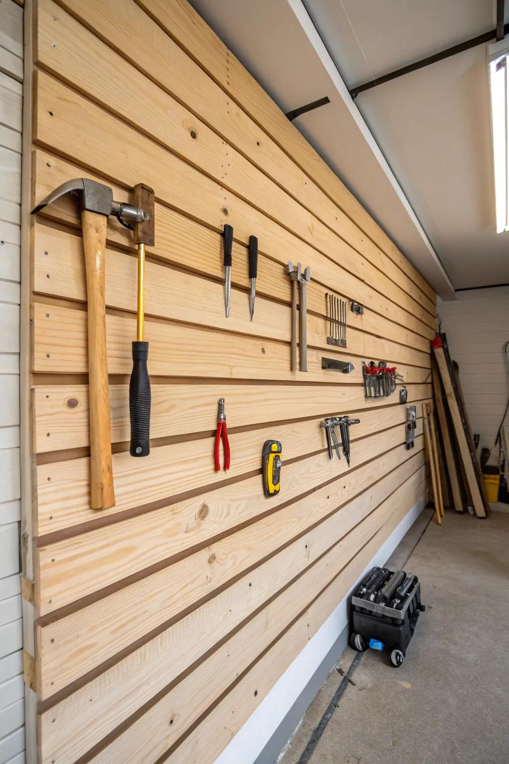 Wood panels introduce warmth and texture to garage spaces.
