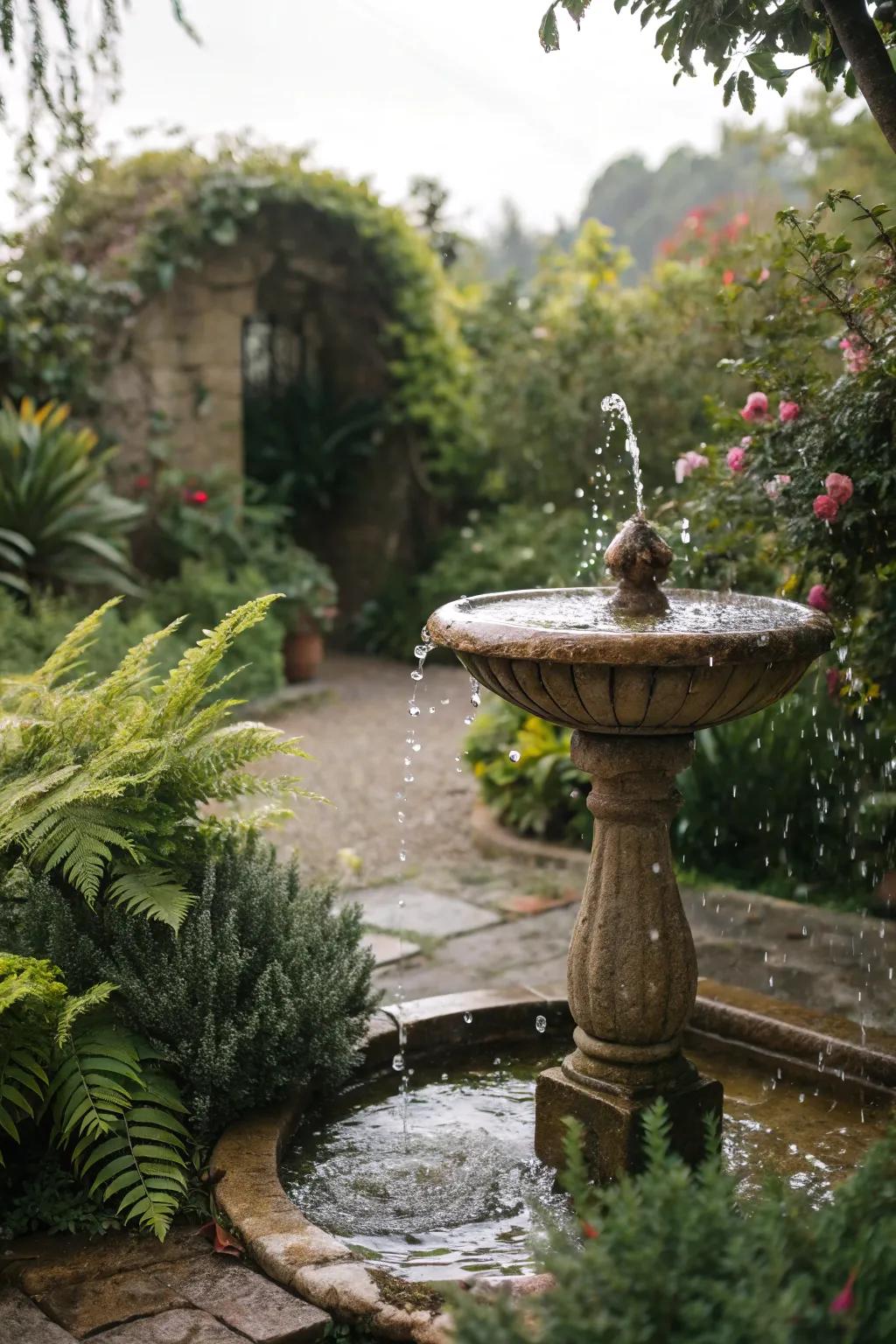 A peaceful garden fountain enclosed by vibrant flora, offering tranquility to the setting.