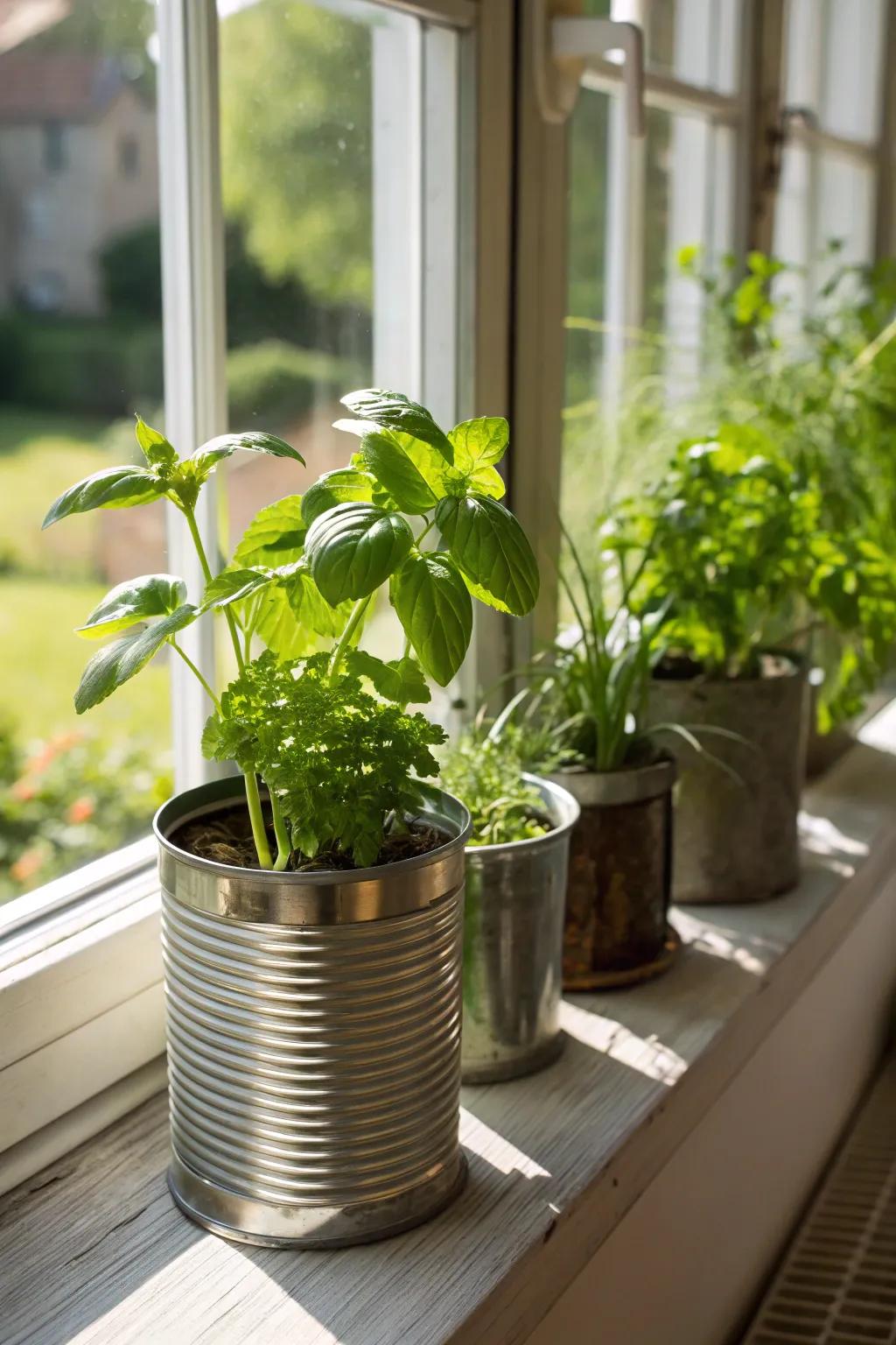 Reused containers transform into enchanting planters for herbs.