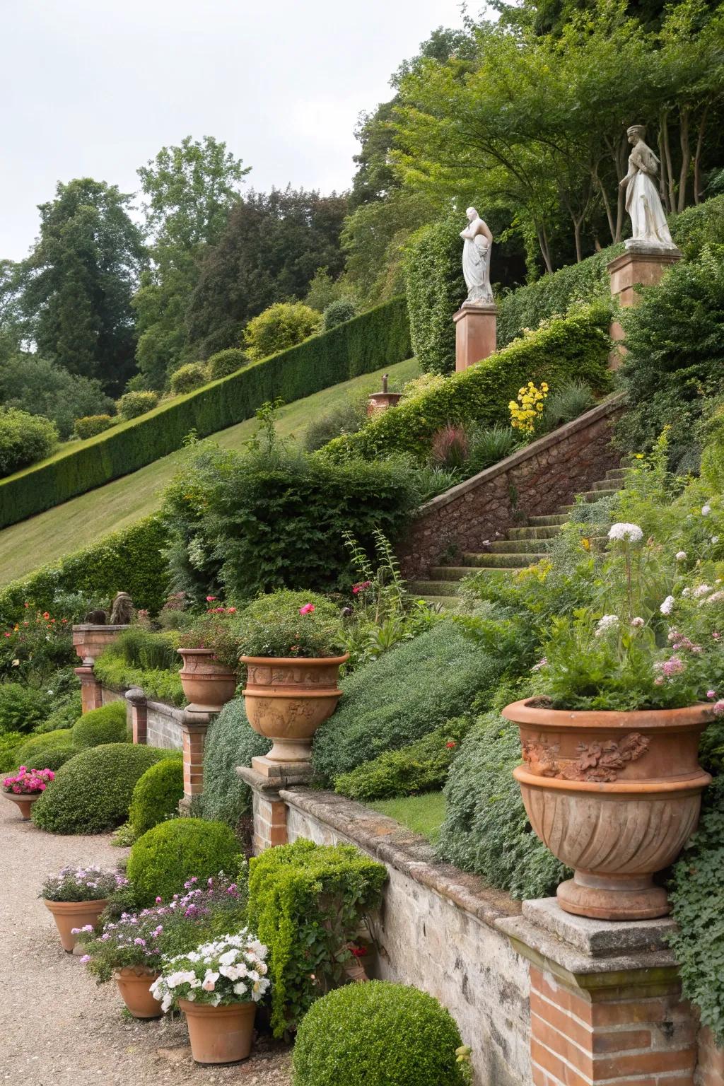 Decorative elements bring personality and charm to sloped gardens.