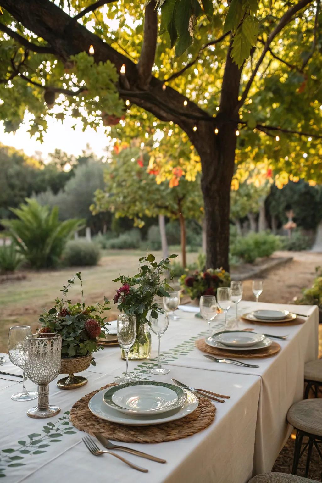 An inviting outdoor dining setting beneath the shade of trees.