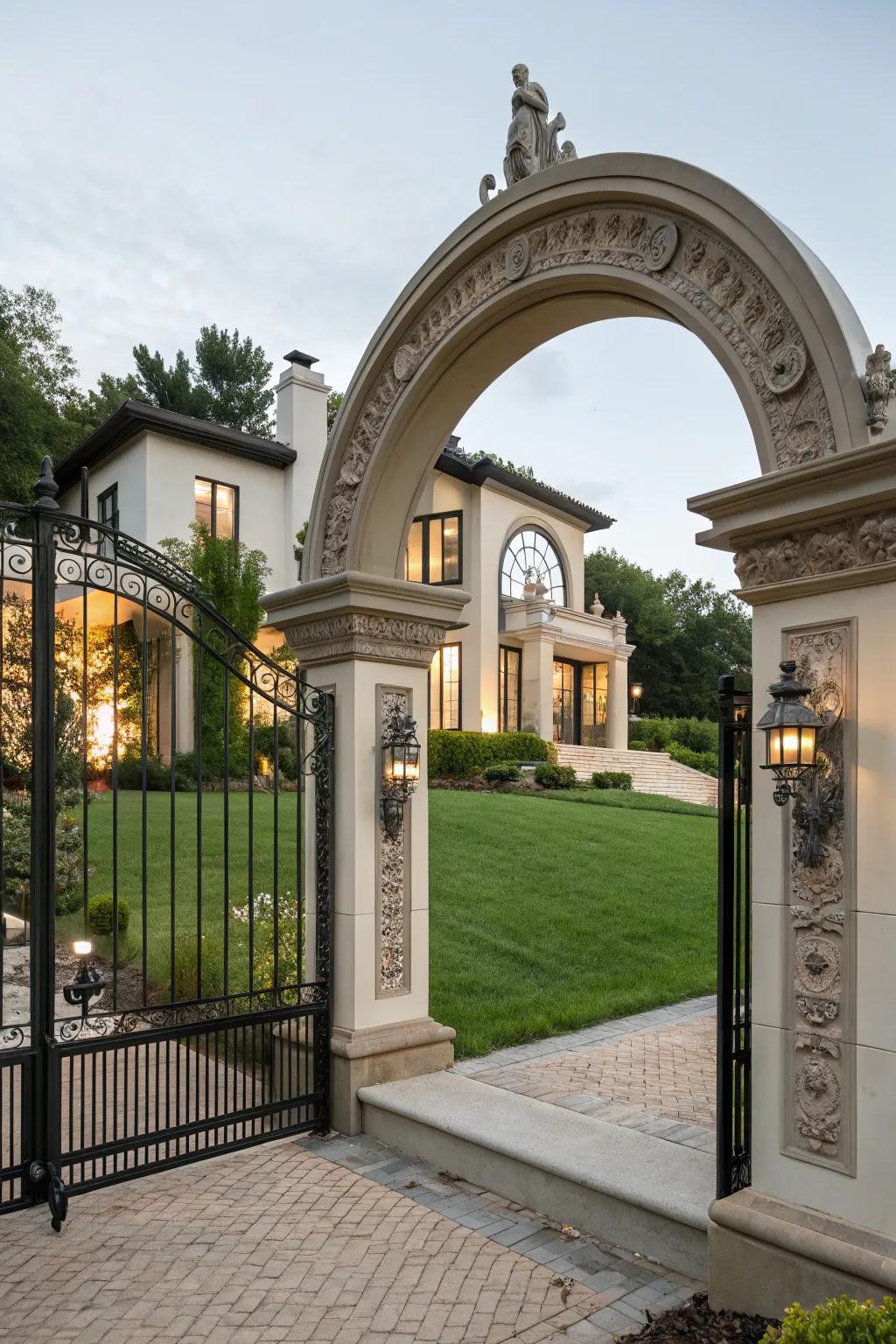 Sculptural elements enhancing a gate.