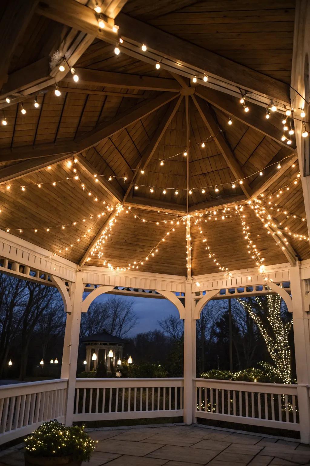 Twinkle lights add a magical touch to the gazebo.
