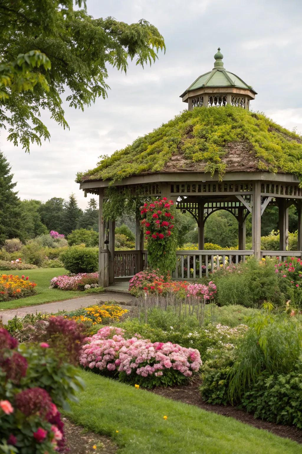 A gazebo with a living roof, merging seamlessly with its garden surroundings.