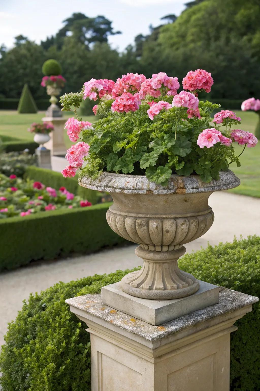 Refined pink sunbeam blooms in an ornamental garden vase atop a stone pedestal.