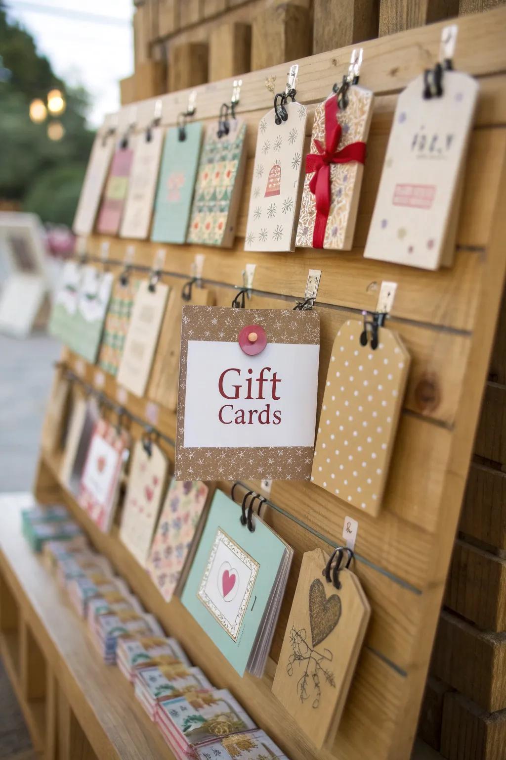 Gift cards accompanied by creative signage leave a memorable mark.
