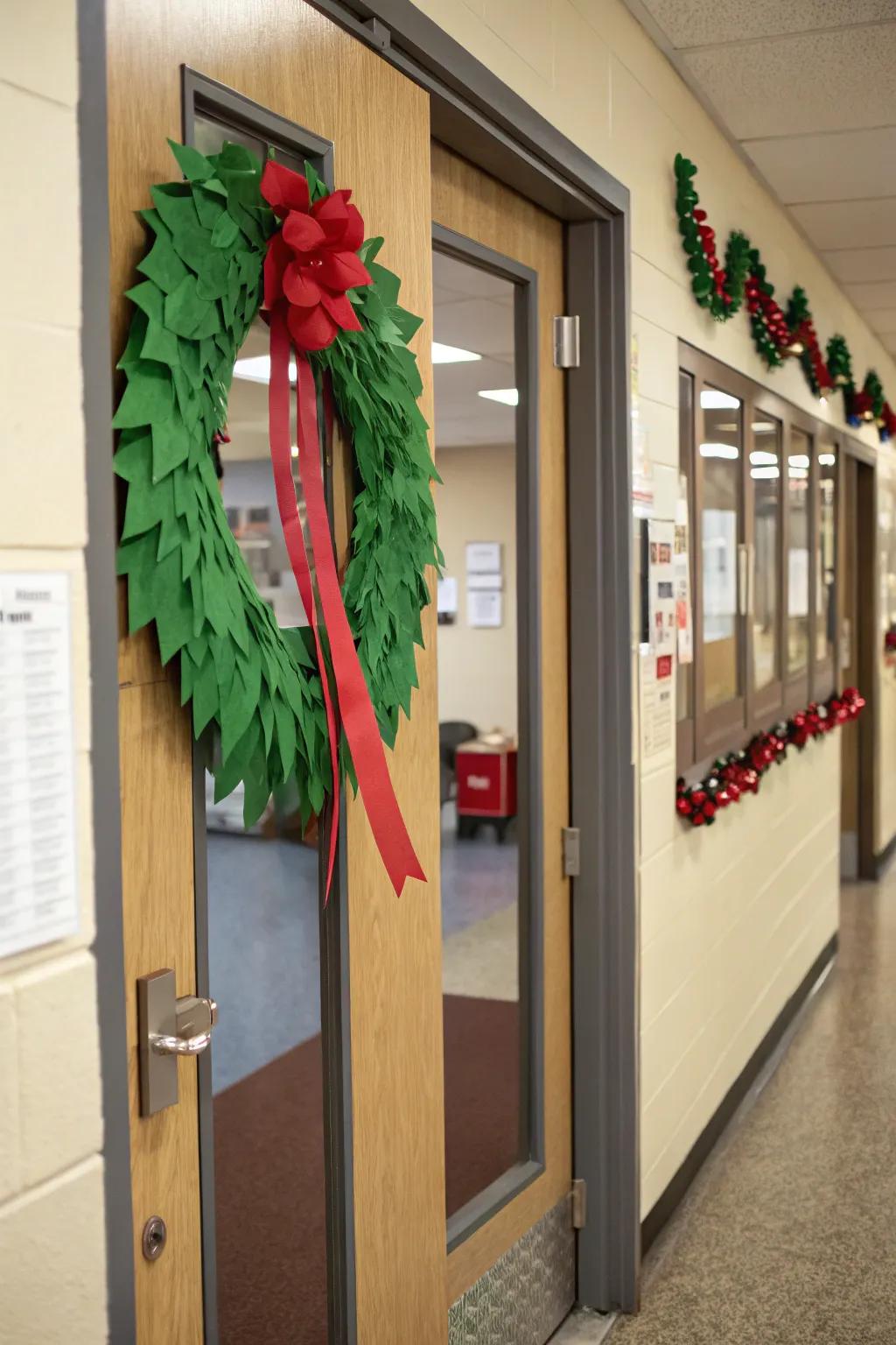 A welcoming wreath adds a festive touch to the door.