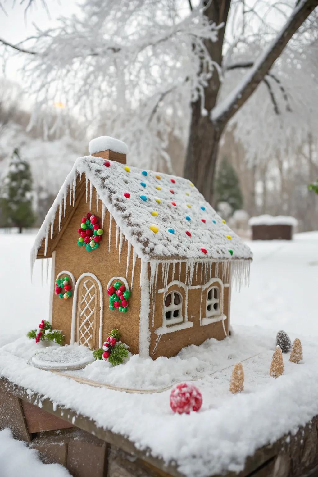 A gingerbread dwelling adorned with graceful frosting danglers.